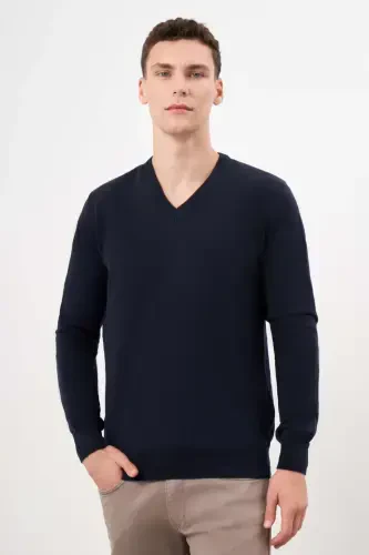 Modazone Erkak ko'k Basic V yoqali Dynamic Fit qulay kesimli triko - MORVEN (1)