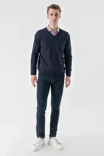 Modazone Erkak Ko'k Basic V Yoqali Dynamic Fit Qulay Kesimli Triko - 5