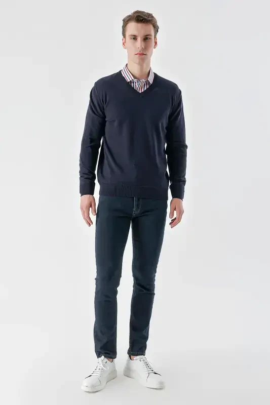 Modazone Erkak Ko'k Basic V Yoqali Dynamic Fit Qulay Kesimli Triko - 5