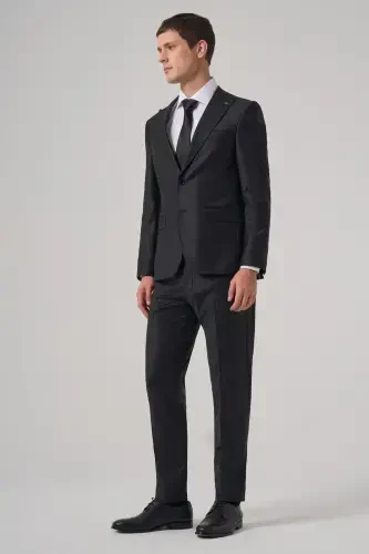 Modazone Erkak ko'k junli trend tekis slim fit uchli yoqali kostyum - 3