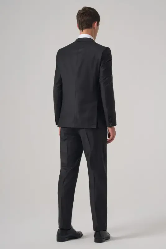 Modazone Erkak ko'k junli trend tekis slim fit uchli yoqali kostyum - 5