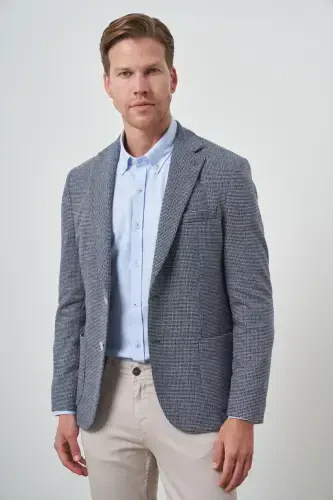 Modazone Erkak Ko'k O'yma Slim Fit Mono Yoqali Kurtka - 4