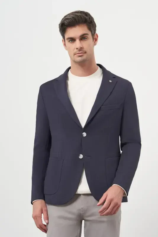 Modazone Erkak Ko'k O'yma Slim Fit Tor Ko'ylak Mono Yoqa Sport Kurtka - 1