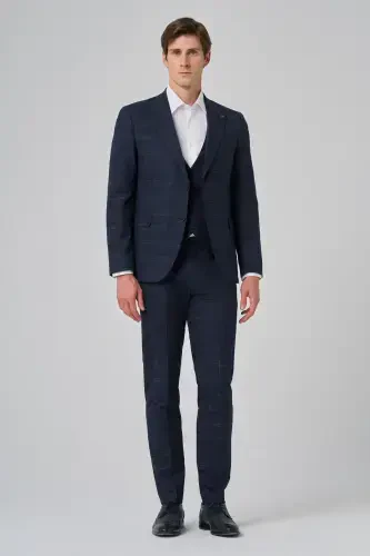 Modazone Erkak ko'k poliviskon trend jiletli ekoseli slim fit uchli yoqali kostyum - 4