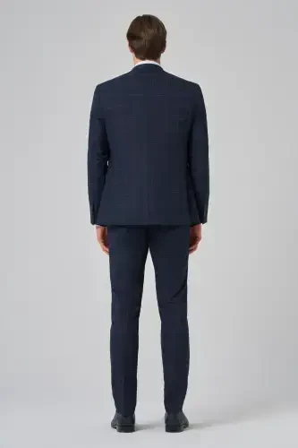 Modazone Erkak ko'k poliviskon trend jiletli ekoseli slim fit uchli yoqali kostyum - 5