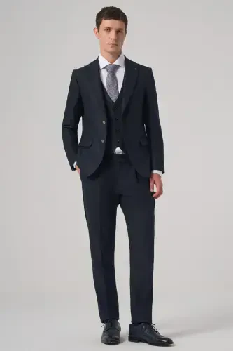 Modazone Erkak Koʻk Poliviskoz Trend Chiziqli Slim Fit Uchli Yoqali Jiletli Kostyum - 3