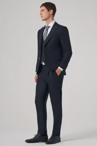 Modazone Erkak Koʻk Poliviskoz Trend Chiziqli Slim Fit Uchli Yoqali Jiletli Kostyum - 4