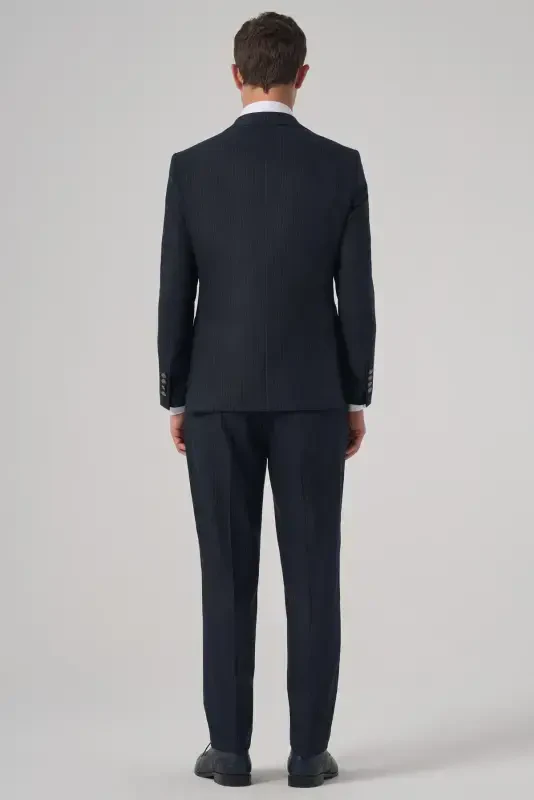 Modazone Erkak Koʻk Poliviskoz Trend Chiziqli Slim Fit Uchli Yoqali Jiletli Kostyum - 5