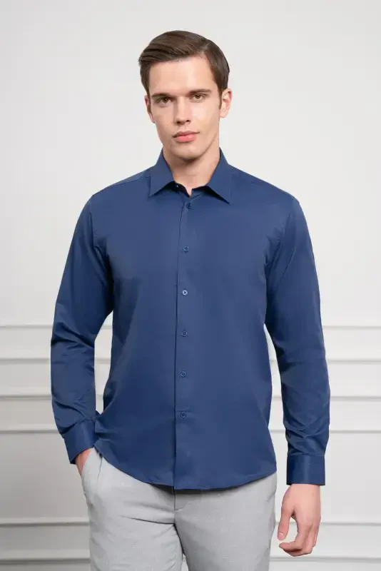 Modazone Erkak ko'k Slim Fit tor kesilgan qattiq sport yoqali ko'ylak - 1