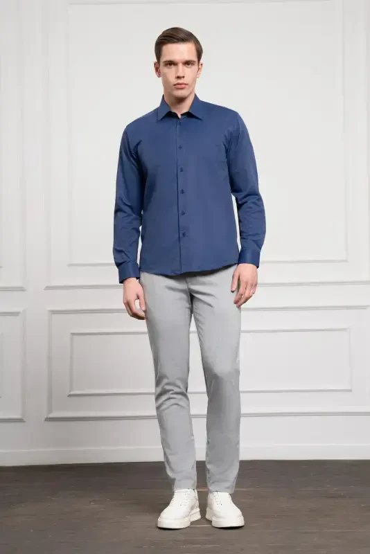 Modazone Erkak ko'k Slim Fit tor kesilgan qattiq sport yoqali ko'ylak - 2