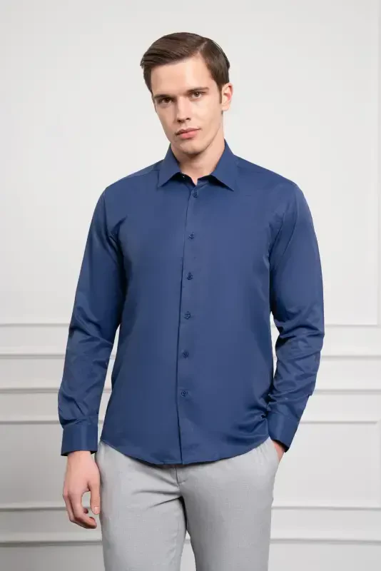 Modazone Erkak ko'k Slim Fit tor kesilgan qattiq sport yoqali ko'ylak - 3