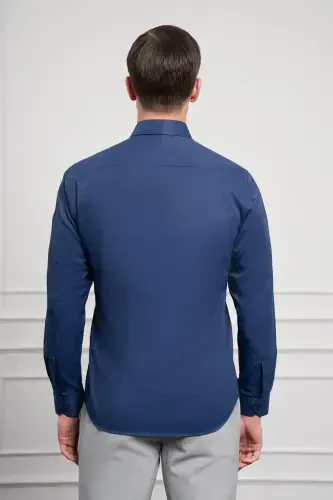 Modazone Erkak ko'k Slim Fit tor kesilgan qattiq sport yoqali ko'ylak - 5