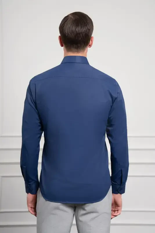 Modazone Erkak ko'k Slim Fit tor kesilgan qattiq sport yoqali ko'ylak - 5