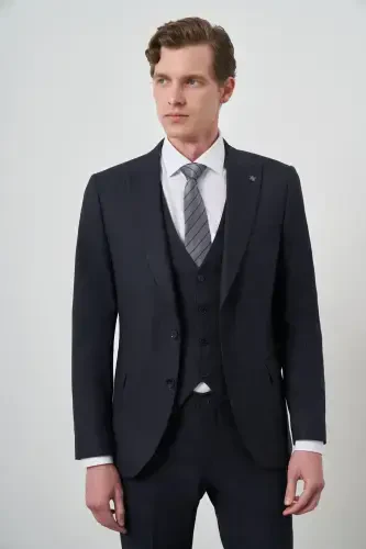 Modazone Erkak ko'k trendli jileti Slim Fit uchli yoqali kostyum - 1