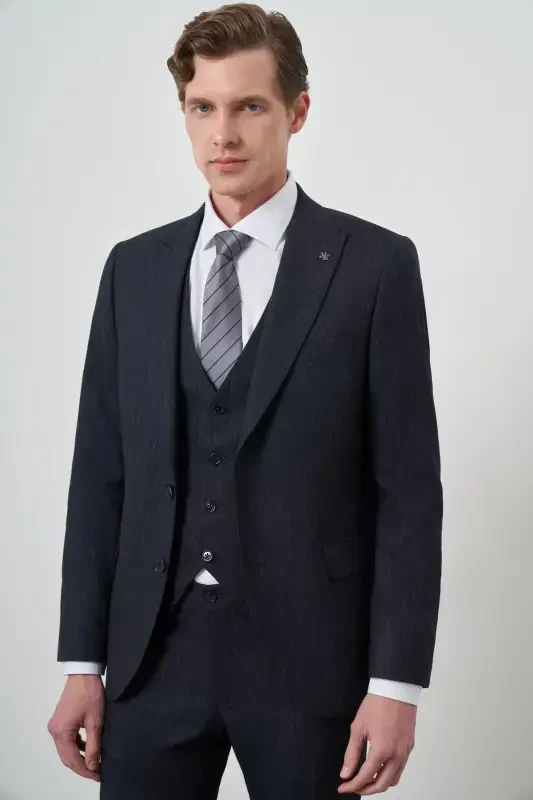 Modazone Erkak ko'k trendli jileti Slim Fit uchli yoqali kostyum - 4