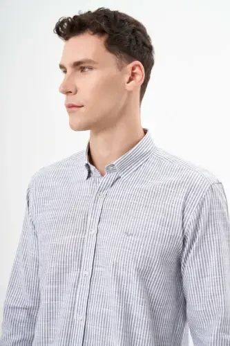 Modazone Erkak Kulrang Paxta Chiziqli-Panelli Italyan Yoqali Slim Fit Ko'ylak - 3