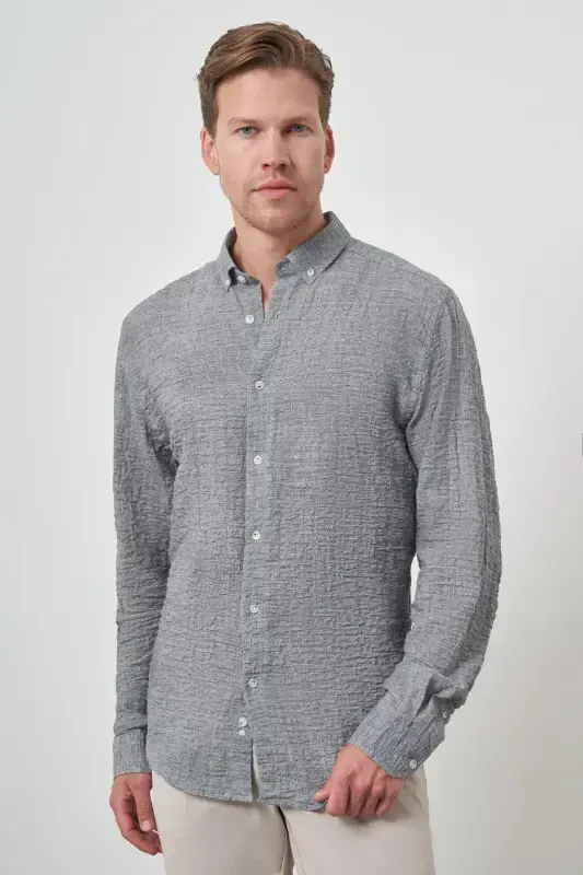 Modazone Erkak Kulrang Paxta Trend Slim Fit Tugmali Yoqali Ko'ylak - 1