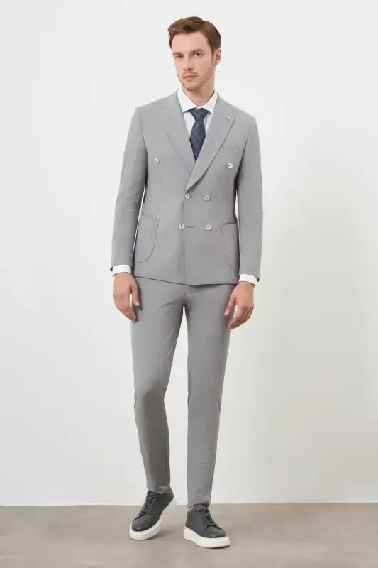 Modazone Erkak Kulrang Poliamid Trend Kruvaze Slim Fit Uchli Yoqali Kostyum - 2