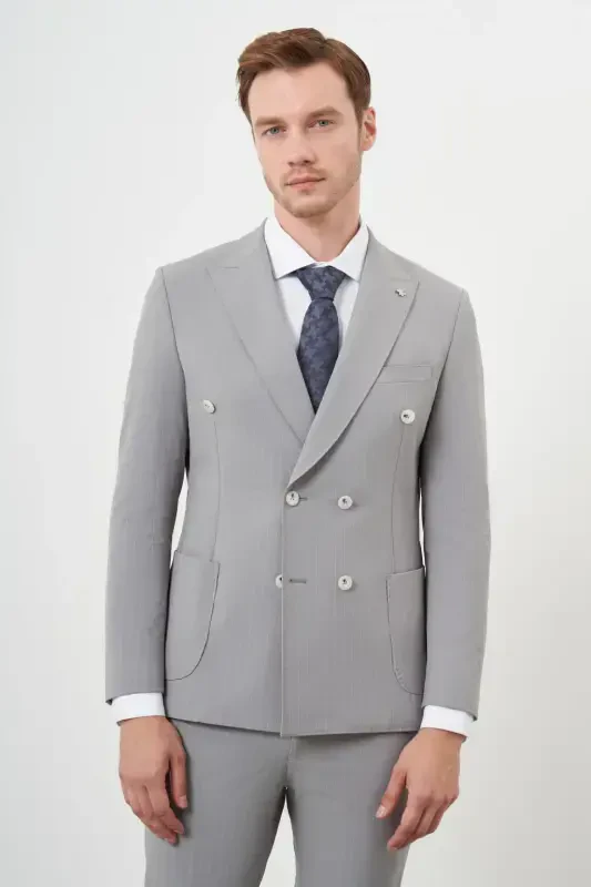 Modazone Erkak Kulrang Poliamid Trend Kruvaze Slim Fit Uchli Yoqali Kostyum - 3