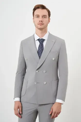 Modazone Erkak Kulrang Poliamid Trend Kruvaze Slim Fit Uchli Yoqali Kostyum - 4