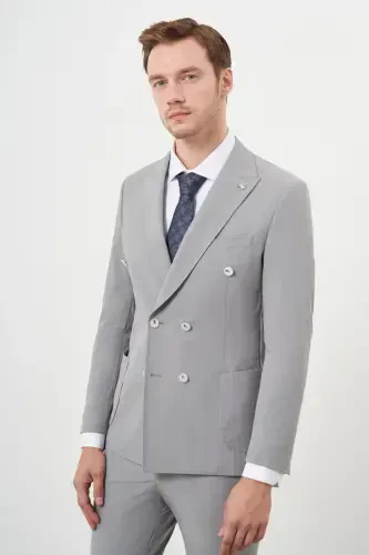 Modazone Erkak Kulrang Poliamid Trend Kruvaze Slim Fit Uchli Yoqali Kostyum - 5