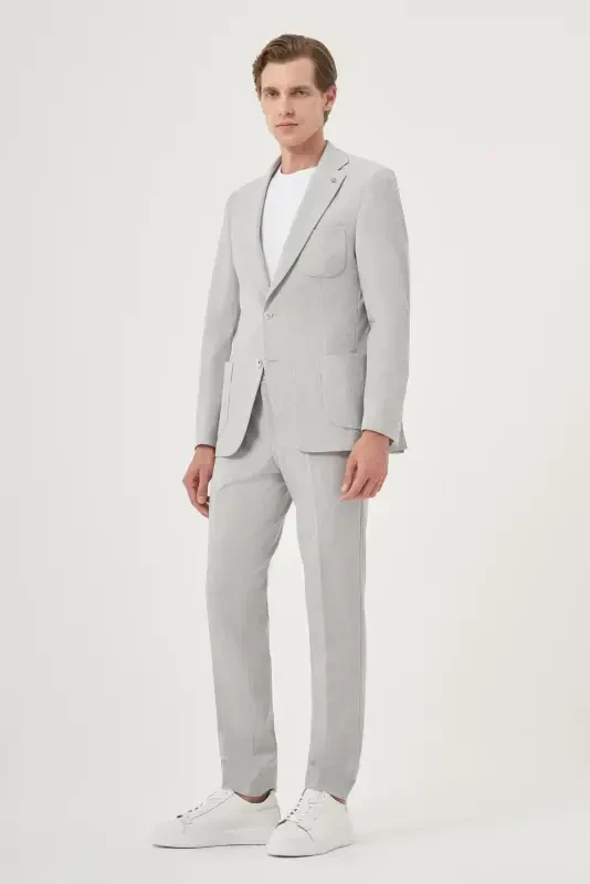 Modazone Erkak Kulrang Poliviscon Trend Chiziqli Slim Fit Mono Yoqa Kostyum - 4