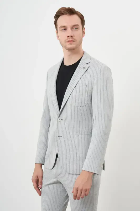 Modazone Erkak Kulrang Poliviskon Trend Chiziqli Naqshli Slim Fit Mono Yoqali Kostyum - 4