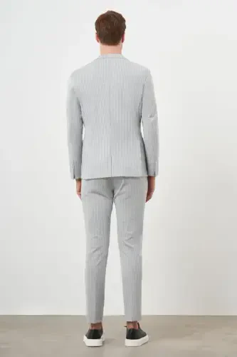 Modazone Erkak Kulrang Poliviskon Trend Chiziqli Naqshli Slim Fit Mono Yoqali Kostyum - 5