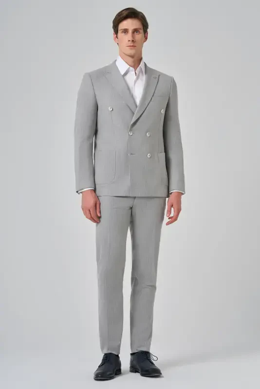 Modazone Erkak kulrang poliviskon trend chiziqli slim fit uchli yoqali ikki tugmali kostyum - MORVEN