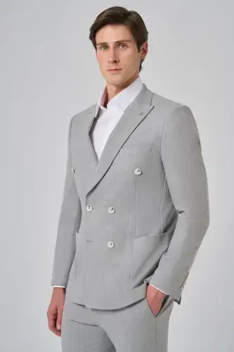 Modazone Erkak kulrang poliviskon trend chiziqli slim fit uchli yoqali ikki tugmali kostyum - 3