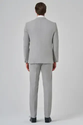 Modazone Erkak kulrang poliviskon trend chiziqli slim fit uchli yoqali ikki tugmali kostyum - 5