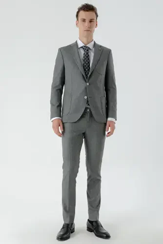 Modazone Erkak Kulrang Poliviskon Trend Naqshli Slim Fit Mono Yoqali Kostyum - 1