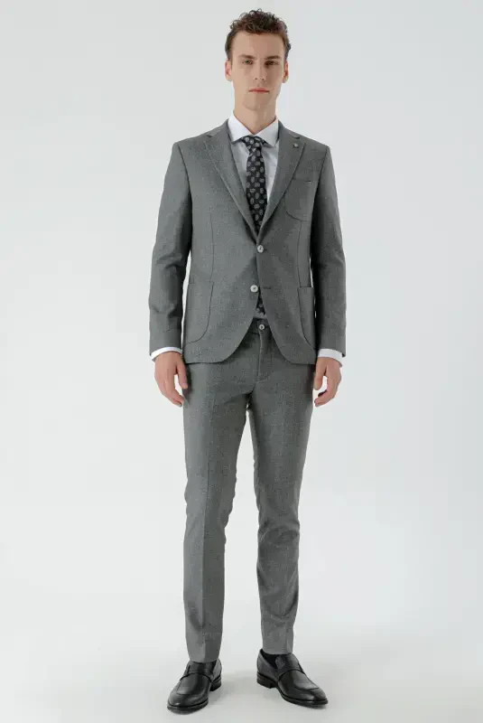 Modazone Erkak Kulrang Poliviskon Trend Naqshli Slim Fit Mono Yoqali Kostyum - 1