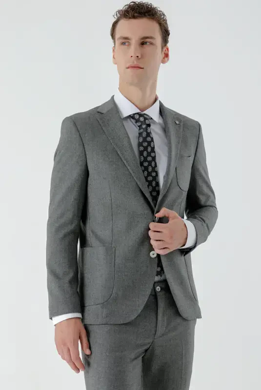 Modazone Erkak Kulrang Poliviskon Trend Naqshli Slim Fit Mono Yoqali Kostyum - 4