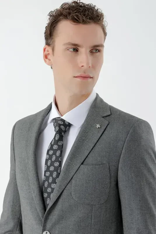 Modazone Erkak Kulrang Poliviskon Trend Naqshli Slim Fit Mono Yoqali Kostyum - 6