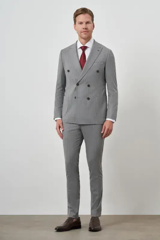 Modazone Erkak kulrang poliviskon trendli ikki qator chiziqli naqshli slim fit uchli yoqali kostyum - 2