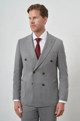 Modazone Erkak kulrang poliviskon trendli ikki qator chiziqli naqshli slim fit uchli yoqali kostyum - 3