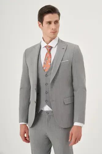 Modazone Erkak kulrang poliviskon trendli jiletli katakli slim fit uchli yoqali kostyum - MORVEN (1)