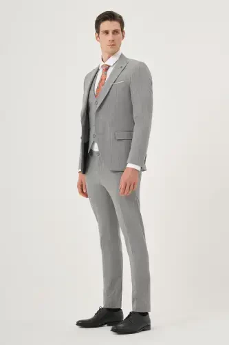 Modazone Erkak kulrang poliviskon trendli jiletli katakli slim fit uchli yoqali kostyum - 3