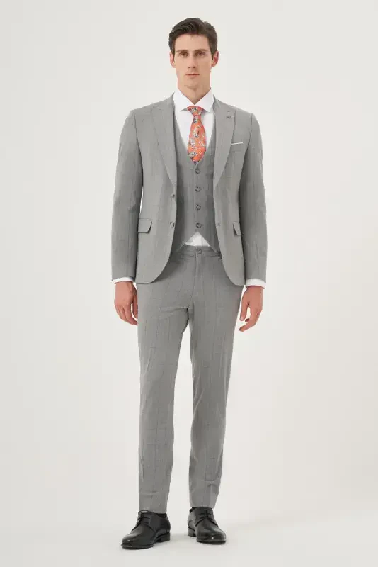 Modazone Erkak kulrang poliviskon trendli jiletli katakli slim fit uchli yoqali kostyum - 4