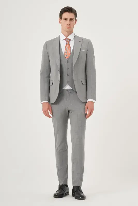 Modazone Erkak kulrang poliviskon trendli jiletli katakli slim fit uchli yoqali kostyum - 5