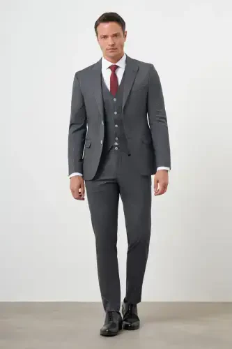 Modazone Erkak Kulrang Poliviskoz Trend Jiletli Chiziqli Naqshli Slim Fit Uchli Yoqali Kostyum - 1