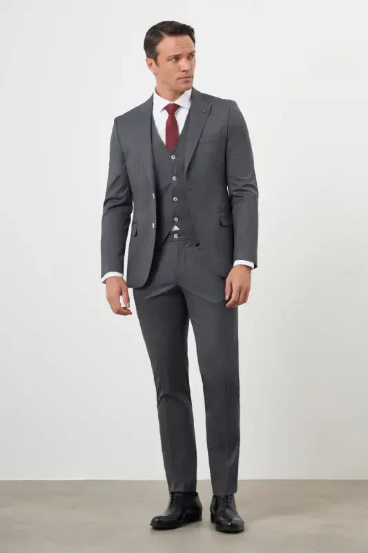 Modazone Erkak Kulrang Poliviskoz Trend Jiletli Chiziqli Naqshli Slim Fit Uchli Yoqali Kostyum - 2