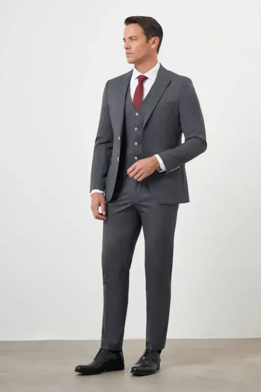 Modazone Erkak Kulrang Poliviskoz Trend Jiletli Chiziqli Naqshli Slim Fit Uchli Yoqali Kostyum - 3