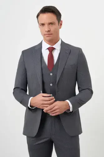 Modazone Erkak Kulrang Poliviskoz Trend Jiletli Chiziqli Naqshli Slim Fit Uchli Yoqali Kostyum - 4