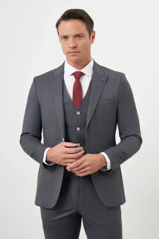 Modazone Erkak Kulrang Poliviskoz Trend Jiletli Chiziqli Naqshli Slim Fit Uchli Yoqali Kostyum - 4