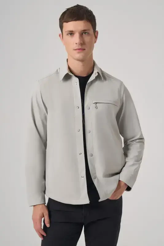 Modazone Erkak Kulrang Polyester Trend Düz Dynamic Fit Sartarosh Yoqali Ko'ylak Kurtka - MORVEN