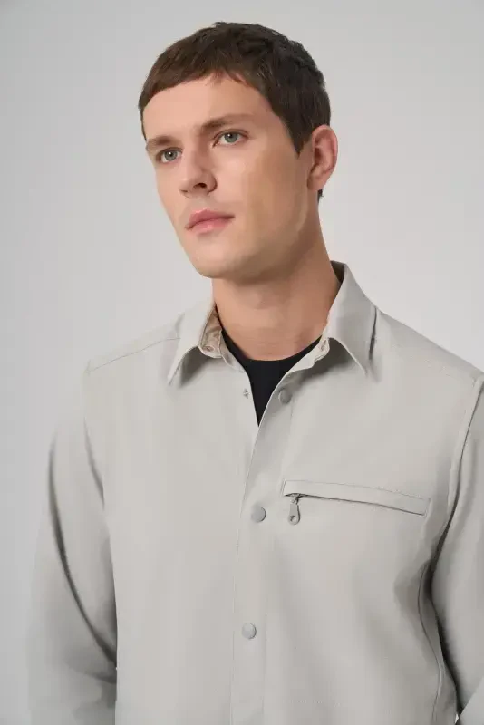 Modazone Erkak Kulrang Polyester Trend Düz Dynamic Fit Sartarosh Yoqali Ko'ylak Kurtka - 3