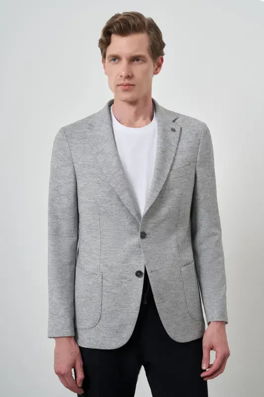 Modazone Erkak Kulrang Zig'ir To'quv Naqshli Slim Fit Mono Yoqali Pidjak - 1