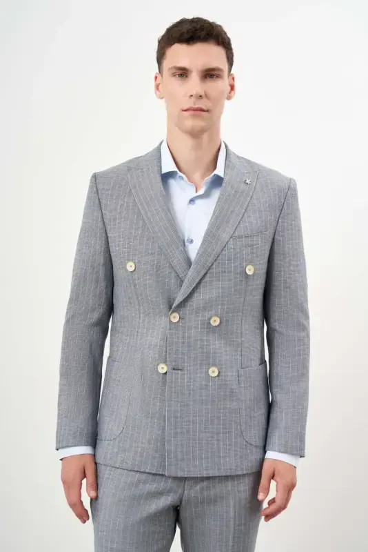 Modazone Erkak Lachivert Keten Trend Kruvaze Slim Fit Sivri Yaka Takim Elbise - 1